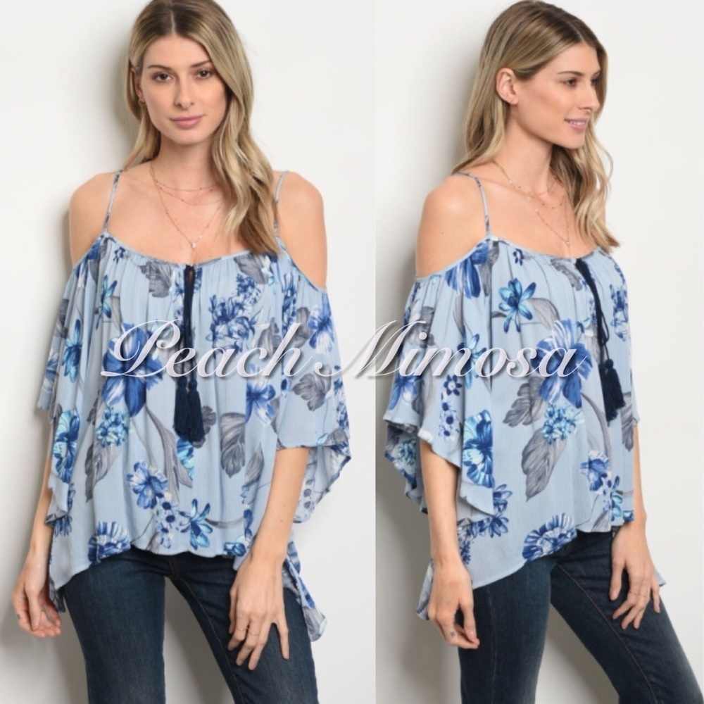 Floral cold shoulder tassel top